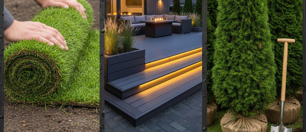 Usługi ogrodnicze i montaż tarasów - Pełna oferta Układanie trawnika z rolki, sadzenie tui oraz budowa tarasów kompozytowych Polska